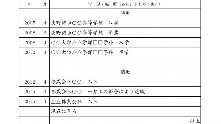 学歴・職歴の記入例